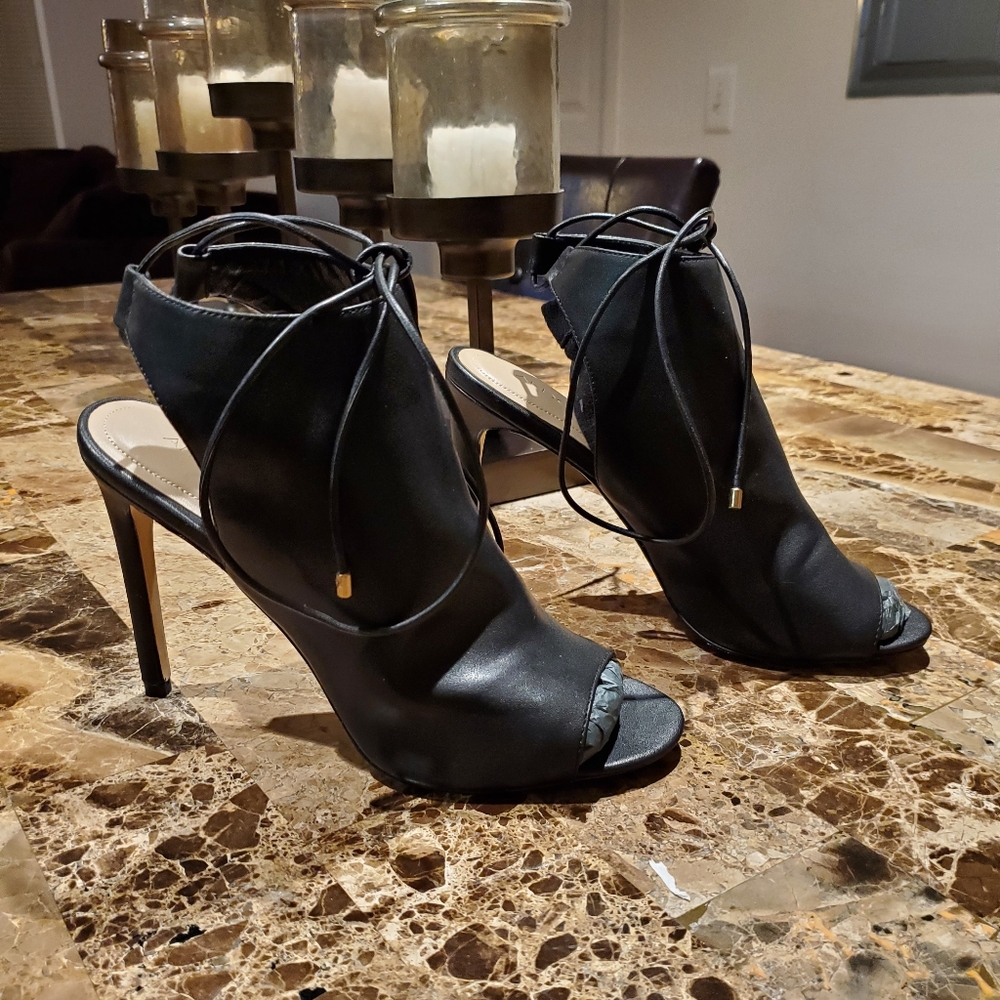 Aldo Black Leather Ankle Lace Up Peep Toe Booties